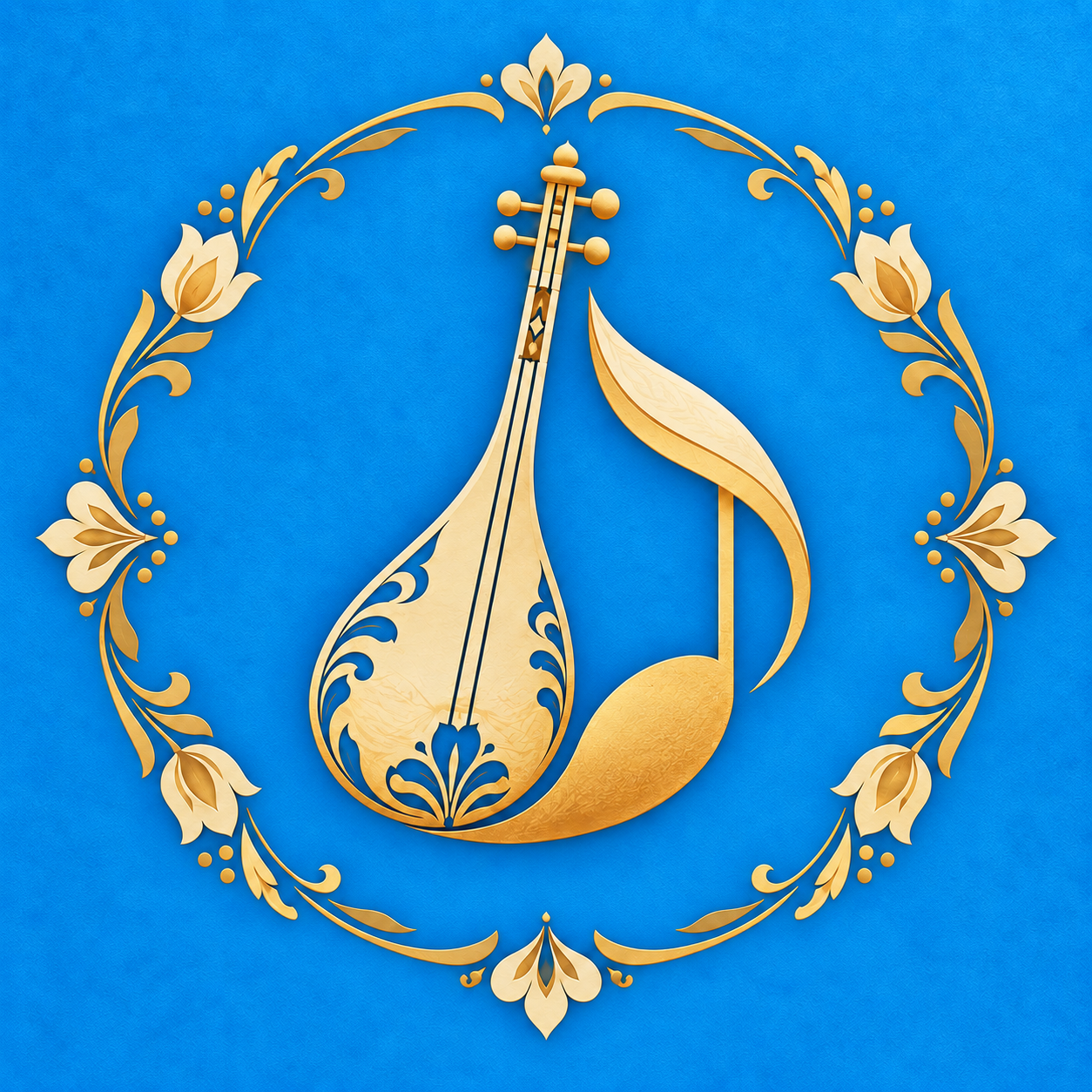 Yasinjan logo: golden instrument and musical note on blue